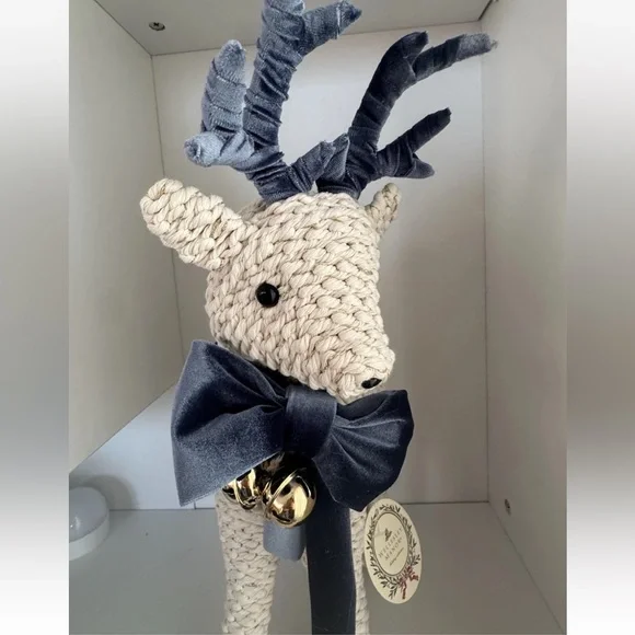 Wellesley Manor Holiday Braided Rope Reindeer  Blue Velvet Bow & Gold Bells - Picture 5 of 6